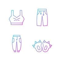 Comfortable clothes for home gradient linear vector icons set. Bra top. Sweatpants for women and men. Comfy joggers. Thin line contour symbols bundle. Isolated vector outline illustrations collection