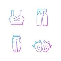 Comfortable clothes for home gradient linear vector icons set. Bra top. Sweatpants for women and men. Comfy joggers. Thin line contour symbols bundle. Isolated vector outline illustrations collection