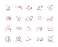 Tattoo and piercing gradient linear vector icons set. Creating beautiful pictures on human skin. Professional tools. Thin line contour symbols bundle. Isolated vector outline illustrations collection