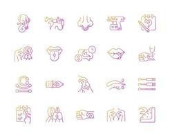 Tattoo and piercing gradient linear vector icons set. Creating beautiful pictures on human skin. Professional tools. Thin line contour symbols bundle. Isolated vector outline illustrations collection