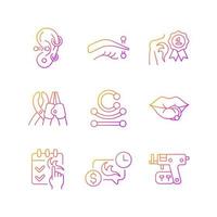 Tattoo and piercing creation gradient linear vector icons set. Salon for creating unique body look. Thin line contour symbols bundle. Isolated vector outline illustrations collection