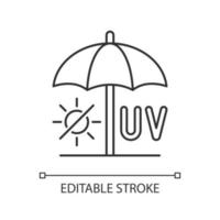 Seek shade linear icon. Hide under umbrella. UV rays protection to avoid heatstroke. Thin line customizable illustration. Contour symbol. Vector isolated outline drawing. Editable stroke