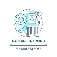 Package tracking concept icon. Global marketplace abstract idea thin line illustration. International parcel location checking. Shipment status. Vector isolated outline color drawing. Editable stroke