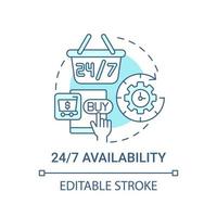 24 7 availability concept icon. E-marketplace benefit abstract idea thin line illustration. Shopping online. Website remaining open all time. Vector isolated outline color drawing. Editable stroke