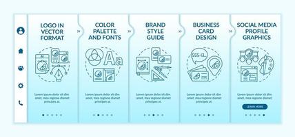 Corporate branding services onboarding vector template. Responsive mobile website with icons. Web page walkthrough 5 step screens. Brand style guide, logo color concept with linear illustrations