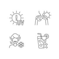 Sunburn risk linear icons set. UV rays exposure risk. Fluid filled blisters on skin from sunburn. Customizable thin line contour symbols. Isolated vector outline illustrations. Editable stroke