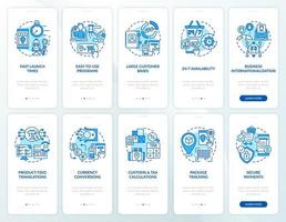 Online market place onboarding mobile app page screens set. E-commerce store walkthrough 5 steps graphic instructions with concepts. UI, UX, GUI vector template with linear color illustrations
