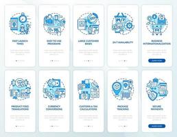 Conjunto de pantallas de página de aplicaciones móviles de incorporación de mercado en línea. Tutorial de la tienda de comercio electrónico Instrucciones gráficas de 5 pasos con conceptos. ui, ux, plantilla de vector de interfaz gráfica de usuario con ilustraciones en color lineal