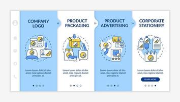 Corporate brand contact points onboarding vector template. Responsive mobile website with icons. Web page walkthrough 4 step screens. Product packaging color concept with linear illustrations