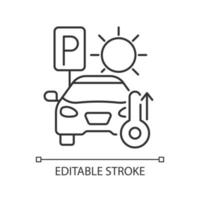 Not staying in parked car linear icon. High temperature in automobile on parking. Thin line customizable illustration. Contour symbol. Vector isolated outline drawing. Editable stroke