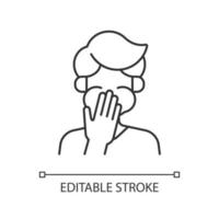 Nausea linear icon. Sick person covering mouth. Ill man with stomachache ready to throw up. Thin line customizable illustration. Contour symbol. Vector isolated outline drawing. Editable stroke