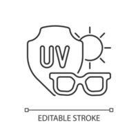 Sunglasses linear icon. Glasses for eye protection from UV rays. Preventing sun exposure. Thin line customizable illustration. Contour symbol. Vector isolated outline drawing. Editable stroke