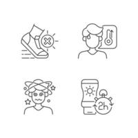 Heatstroke prevention linear icons set. Avoid exercising during summer heatwave. High body temperature. Customizable thin line contour symbols. Isolated vector outline illustrations. Editable stroke