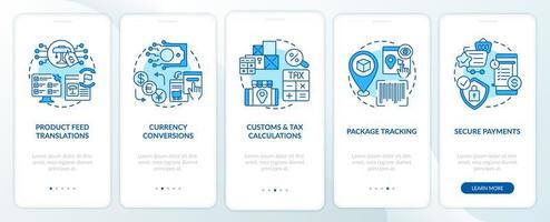 pantalla de la página de la aplicación móvil de incorporación del servicio de mercado global. tutorial de seguimiento de entregas Instrucciones gráficas de 5 pasos con conceptos. ui, ux, plantilla de vector de interfaz gráfica de usuario con ilustraciones en color lineal