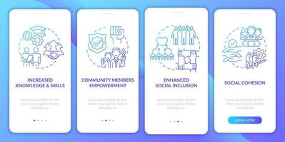 Social unit progress benefits onboarding mobile app page screen with concepts. Social cohesion walkthrough 4 steps graphic instructions. UI, UX, GUI vector template with linear color illustrations