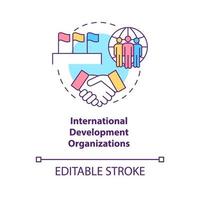 International development organizations concept icon. Community growth program abstract idea thin line illustration. Reducing inequalities. Vector isolated outline color drawing. Editable stroke