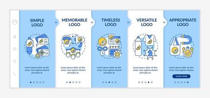 Fundamental logo design rules onboarding vector template. Responsive mobile website with icons. Web page walkthrough 5 step screens. Simplicity, versatility color concept with linear illustrations