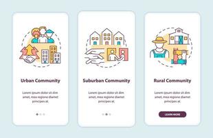 Communities types onboarding mobile app page screen with concepts. Urban, rural community walkthrough 3 steps graphic instructions. UI, UX, GUI vector template with linear color illustrations