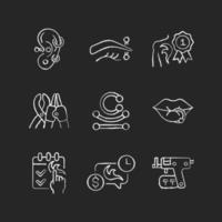 Tattoo and piercing creation chalk white icons set on dark background. Salon for creating unique body look. Special instruments for professionals. Isolated vector chalkboard illustrations on black