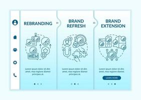 Brand identity change onboarding vector template. Responsive mobile website with icons. Web page walkthrough 3 step screens. Brand refresh, stretching color concept with linear illustrations