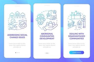 Social unit progress targets onboarding mobile app page screen with concepts. Needy communities walkthrough 3 steps graphic instructions. UI, UX, GUI vector template with linear color illustrations