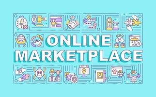 Online marketplace word concepts banner. Remote business. Infographics with linear icons on cyan background. Isolated creative typography. Vector outline color illustration with text