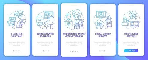 Social unit progress projects onboarding mobile app page screen with concepts. Digital library walkthrough 5 steps graphic instructions. UI, UX, GUI vector template with linear color illustrations