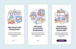 Community development targets onboarding mobile app page screen with concepts. Social change issue walkthrough 3 steps graphic instructions. UI, UX, GUI vector template with linear color illustrations