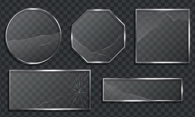 Set of glass crack with different types of damage on transparent background