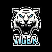 White angry tiger mascot sport esport logo template long fangs vector