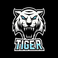 White angry tiger mascot sport esport logo template long fangs vector