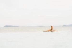 Portrait beautiful young asian woman wear bikini around swimming pool in hotel resort nearly sea ocean beach photo