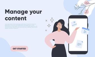 Content management web banner with woman showing on smartphone screen. Vector illustration.