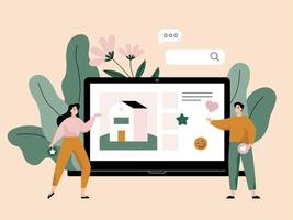 Spouses choose a house to buy or rent. Notebook screen with real estate website. Flat vector illustration.