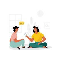 Two woman discuss newsfeed. Friends sitting on the floor at home and chat about life. Flat vector illustration.