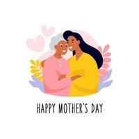 Elderly mother and daughter cuddling. Happy Mother's Day postcard, banner, newsletter. Flat vector illustration.