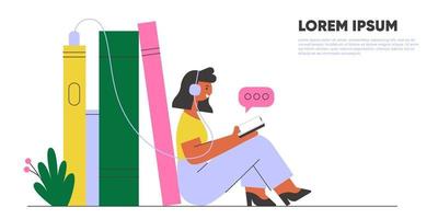 Woman with earphones listening audio book. Online library banner. Concept vector illustration.