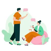 First acquaintance of two people. Man and woman chatting, talking and making small compliments. Flat vector illustration.