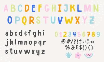 English alphabet vector font. Cute colorful english alphabet, vintage font, funny handwritten letters, numbers and signs.