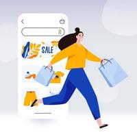 Happy woman with bags run for shopping. Online shop screen template. Sale promotion and shopaholic, Black Friday concept illustration in flat style. vector