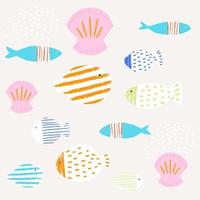 Set of colorful fish and shells. Summer sea pattern for textile. Paper cut out simple illustration. vector