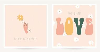 Set of two colorful postcards in hippie style with vintage lettering. Text Believe in yourself, This is just Love. Boho chic textured postcards. Flat vector illustration.