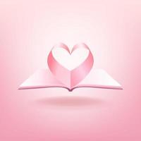 Open book and shape of heart isolated on pink background. vector