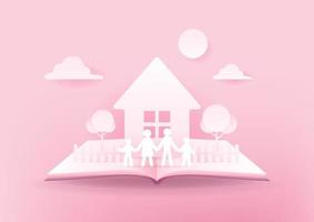 Open book of happy family. House and family paper 3d on pink background. Happy family concept. vector