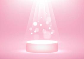 Empty podium with bright sparkling light rays on pink background for product display with copy space. vector