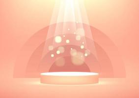 Empty podium with bright sparkling light rays on orange background for product display with copy space. vector