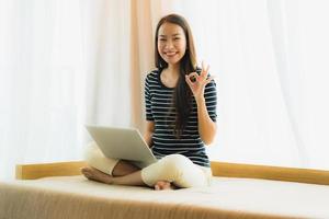 Portrait beautiful young asian woman using computer notebook or laptop with credit card for shopping photo