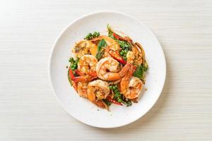 Stir-fried holy basil with shrimps and herb - Asian food style