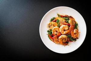 Stir-fried holy basil with shrimps and herb - Asian food style