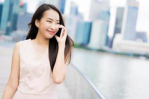 Asian woman using smartphone or mobile phone for talking or text photo